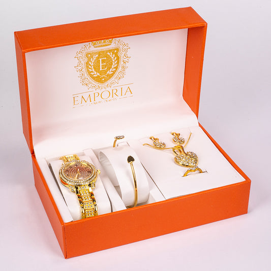 Conjunto de Jóias Emporia de 5 peças, em tom dourado e de qualidade superior, numa caixa de presente exclusiva com efeito de couro (incluindo relógio, pulseira, colar, brincos e anel, com cristal Emporia branco)