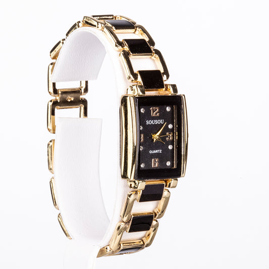 Conjunto de Jóias Emporia de 5 peças, em tom dourado e de qualidade superior, numa caixa de presente exclusiva com efeito de couro (incluindo relógio, pulseira, colar, brincos e anel, com cristais Emporia a preto e branco)