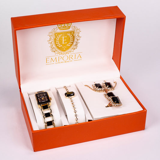 Conjunto de Jóias Emporia de 5 peças, em tom dourado e de qualidade superior, numa caixa de presente exclusiva com efeito de couro (incluindo relógio, pulseira, colar, brincos e anel, com cristais Emporia a preto e branco)
