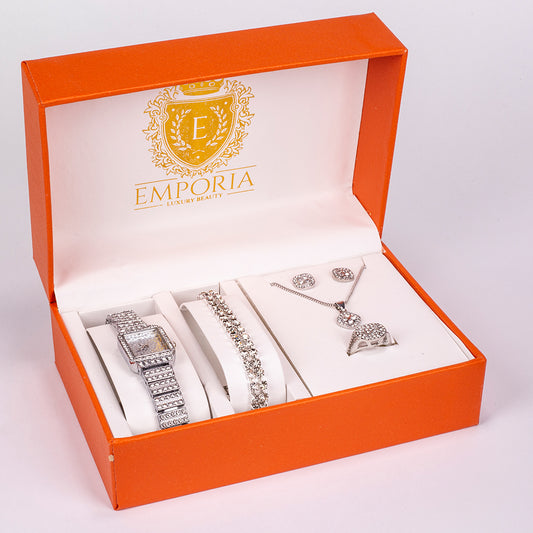 Conjunto de Jóias Emporia de 5 peças, em tom prateado e de qualidade superior, numa caixa de presente exclusiva com efeito de couro (incluindo relógio, pulseira, colar, brincos e anel, com cristal Emporia branco)