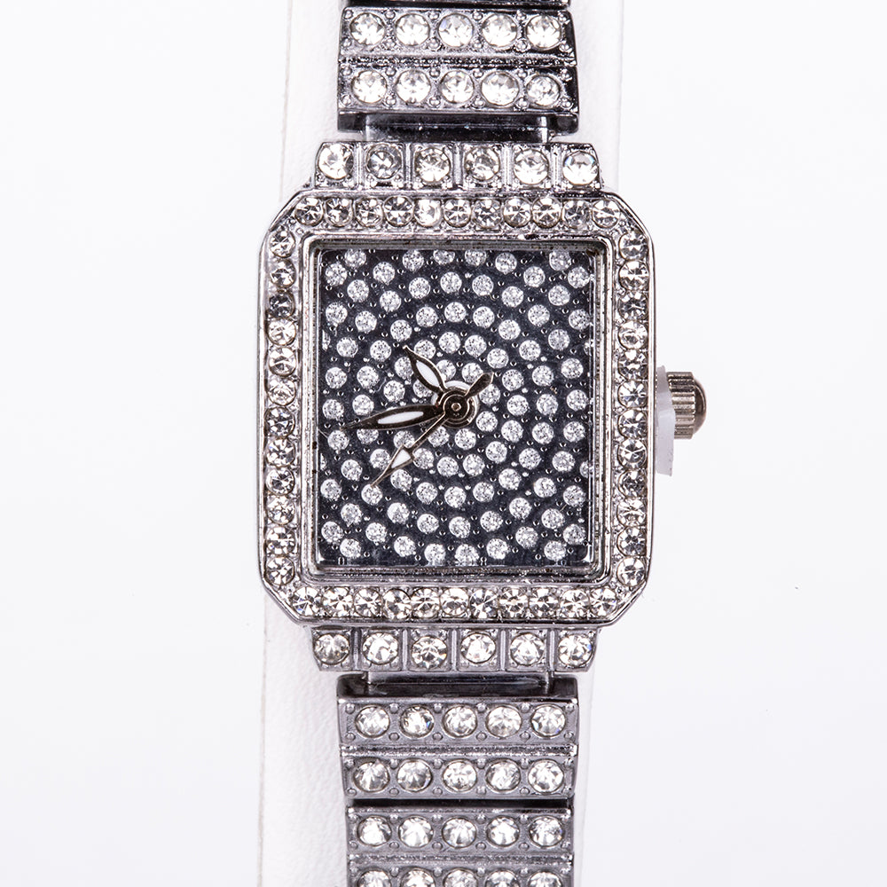 Conjunto de Jóias Emporia de 5 peças, em tom prateado e de qualidade superior, numa caixa de presente exclusiva com efeito de couro (incluindo relógio, pulseira, colar, brincos e anel, com cristal Emporia branco)