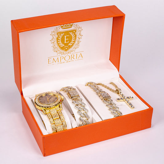 Conjunto de Jóias Emporia de 4 peças, em tom dourado e de qualidade superior, numa caixa de presente exclusiva com efeito de couro (incluindo relógio, pulseira, colar grosso e colar com pendente em forma de cruz com cristal Emporia branco)