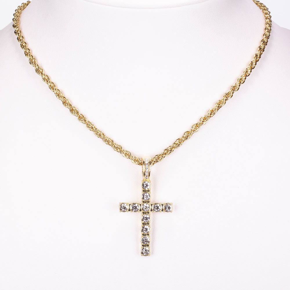 Conjunto de Jóias Emporia de 4 peças, em tom dourado e de qualidade superior, numa caixa de presente exclusiva com efeito de couro (incluindo relógio, pulseira, colar grosso e colar com pendente em forma de cruz com cristal Emporia branco)