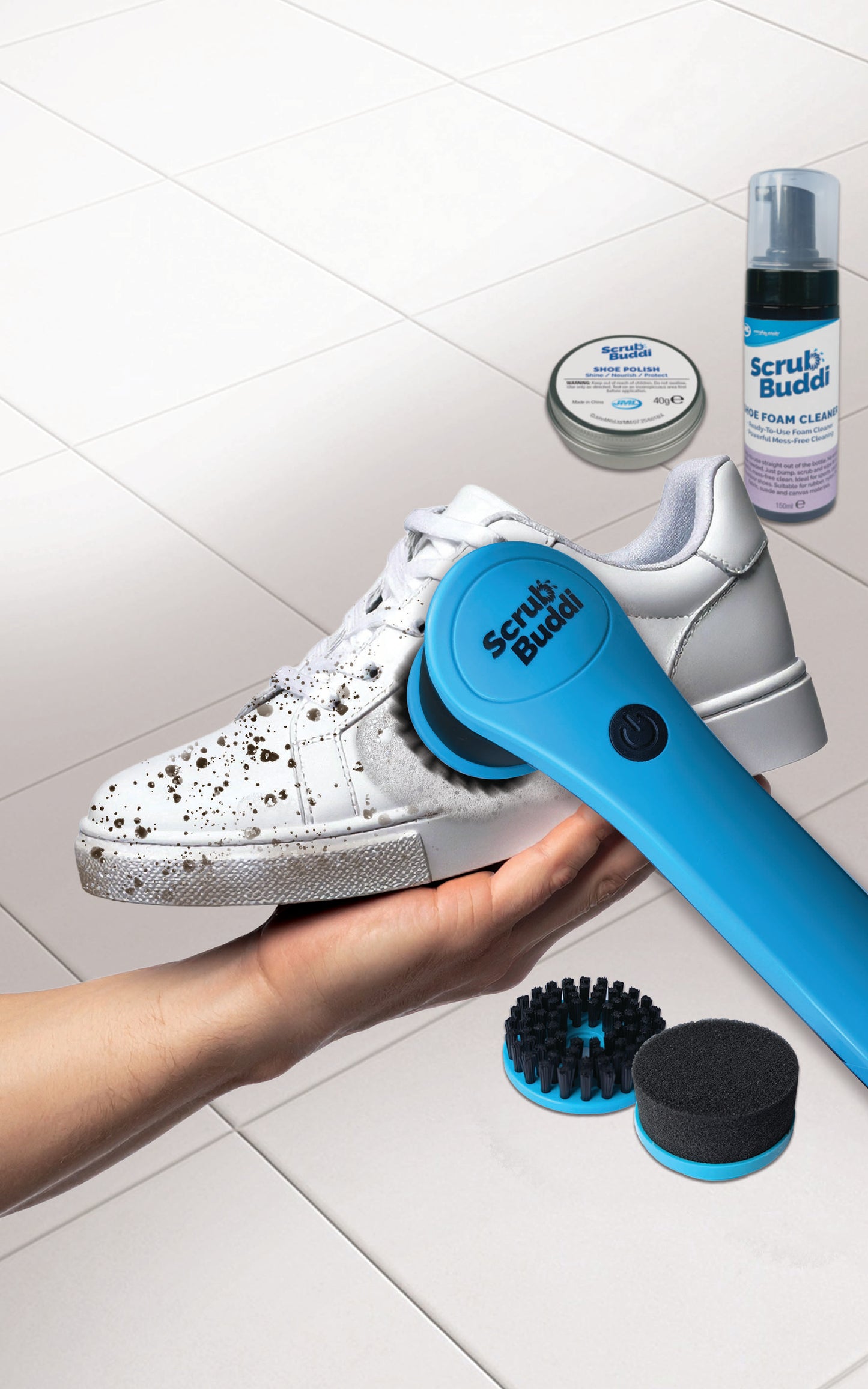 Limpador elétrico de sapatos Scrub Buddi com 3 cabeças intercambiáveis