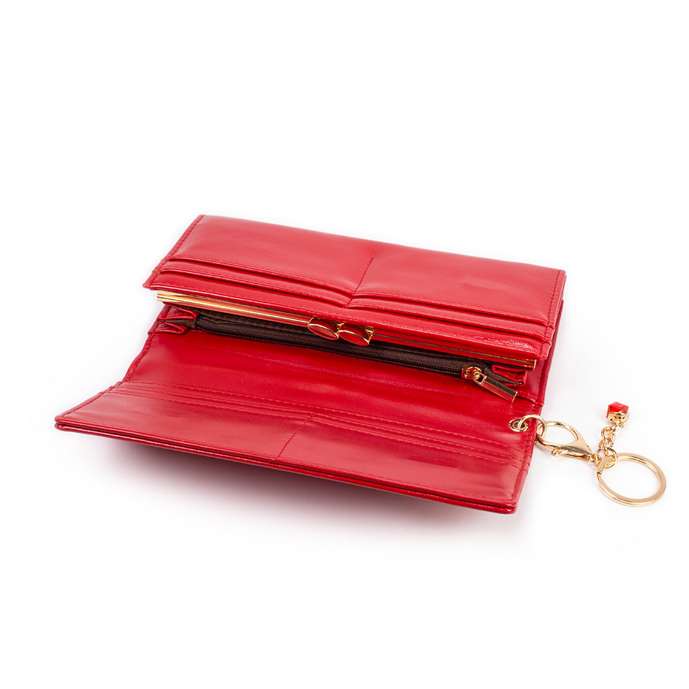 Carteira feminina com chaveiro, cor: vermelho e preto