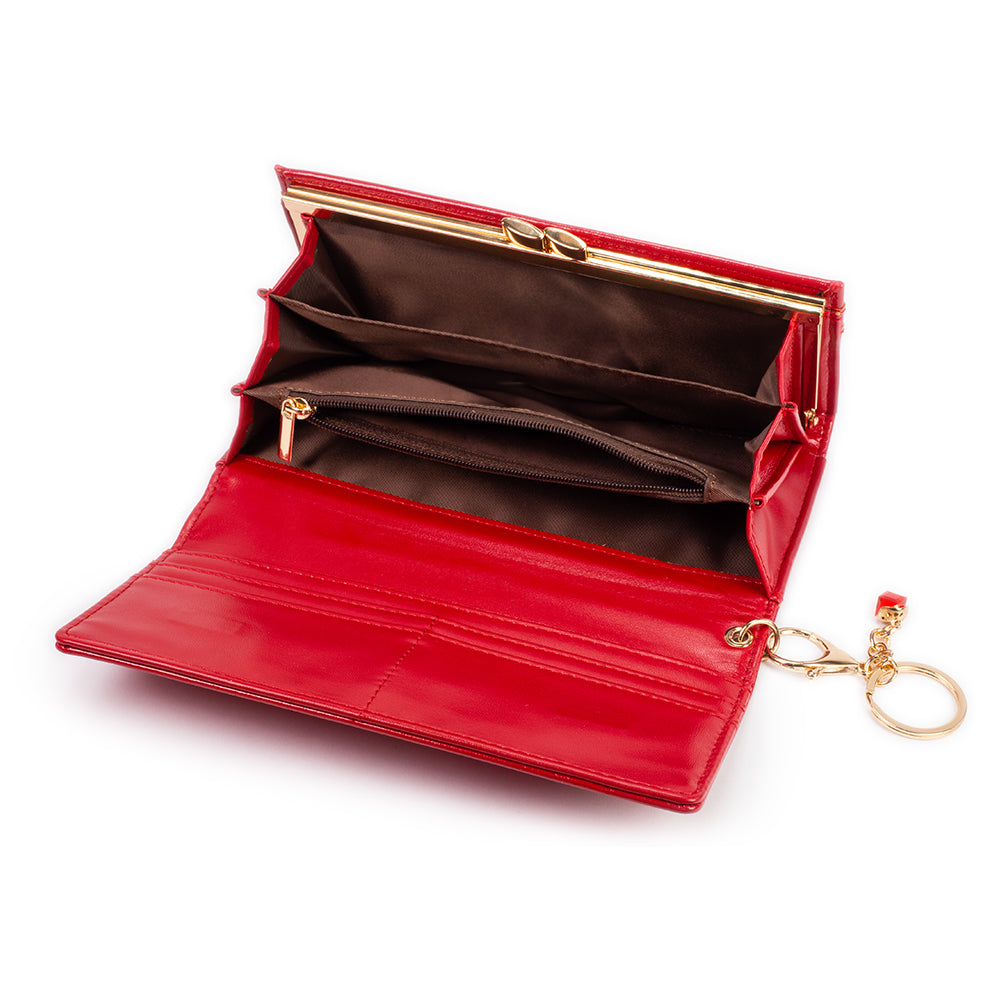 Carteira feminina com chaveiro, cor: vermelho e preto