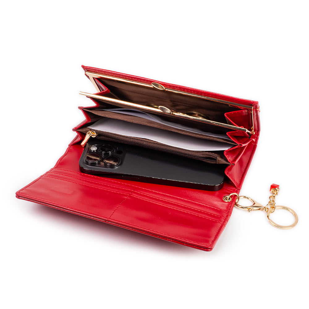 Carteira feminina com chaveiro, cor: vermelho e preto