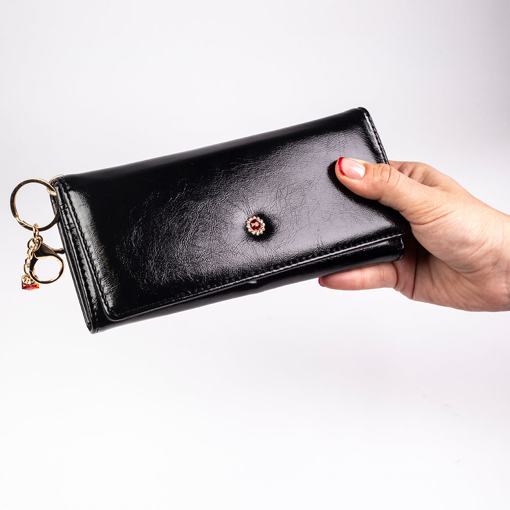 Carteira feminina com chaveiro, cor: vermelho e preto