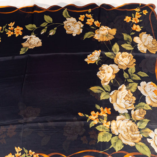 Lenço Telas e Flores, 85 x 180 cm, Preto, 100% Seda Vegana