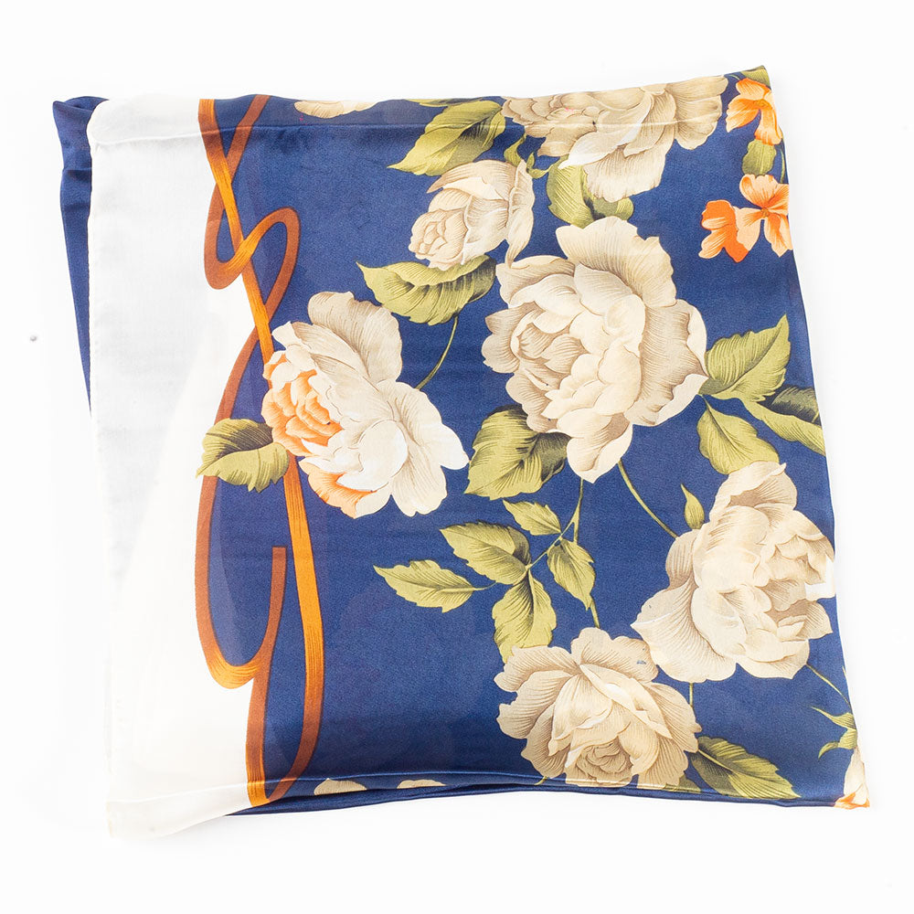 Lenço Telas e Flores, 85 x 180 cm, Azul, 100% Seda Vegana 1 