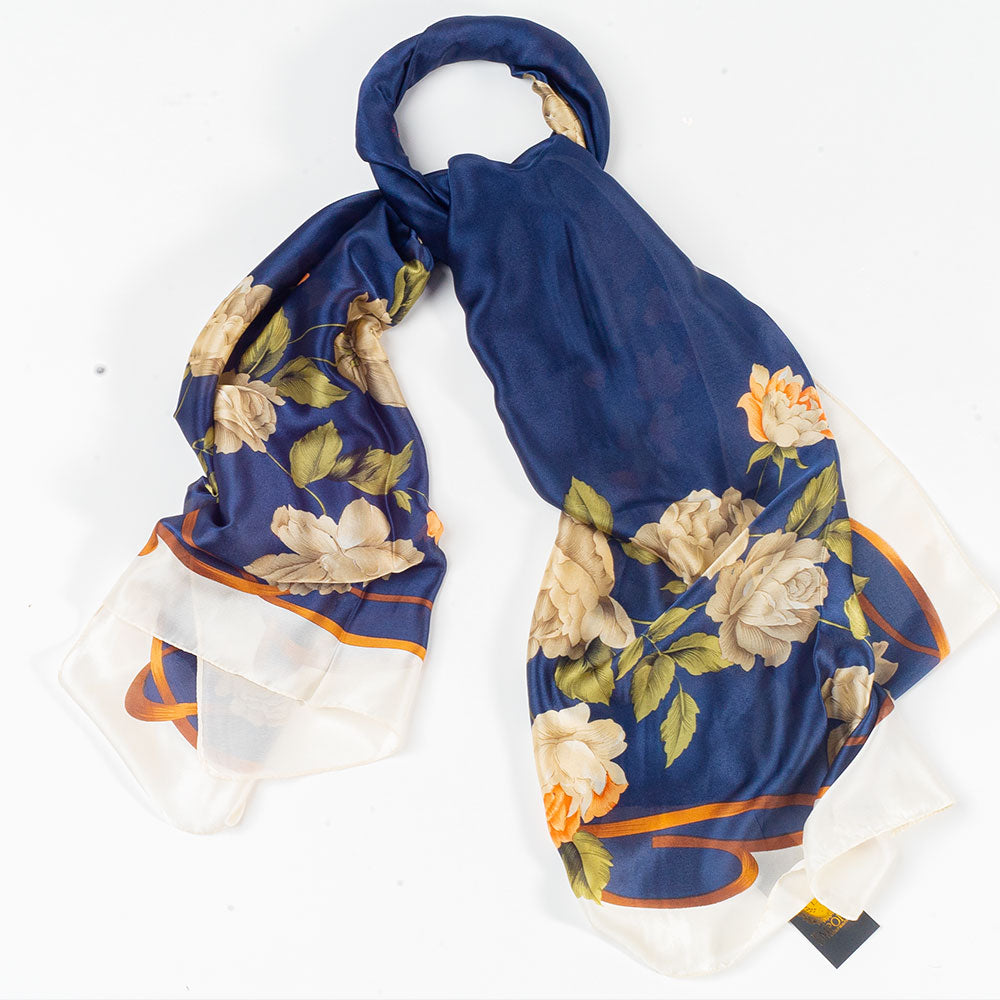 Lenço Telas e Flores, 85 x 180 cm, Azul, 100% Seda Vegana 4 