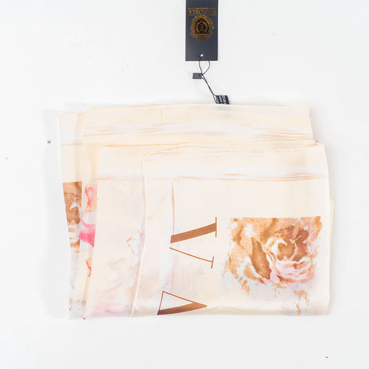 Lenço Flores e Letras, 85 x 180 cm, Branco, 100% Seda Vegana