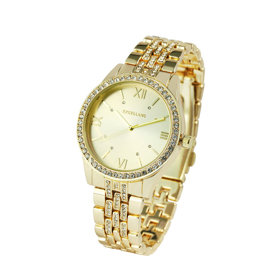 Relógio de senhora dourado Excellanc com bracelete de metal, fecho de báscula e cristais