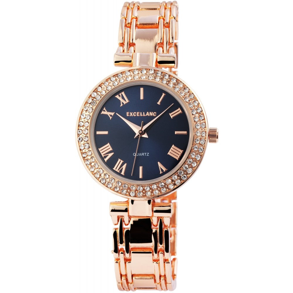Relógio de senhora em ouro rosa Excellanc com bracelete em metal e mostrador preto