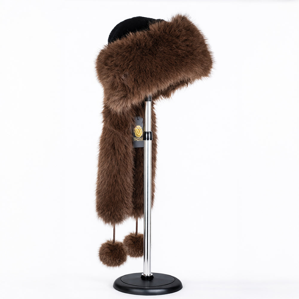 Chapéu de inverno em pele sintética castanha com cachecol – tamanho único