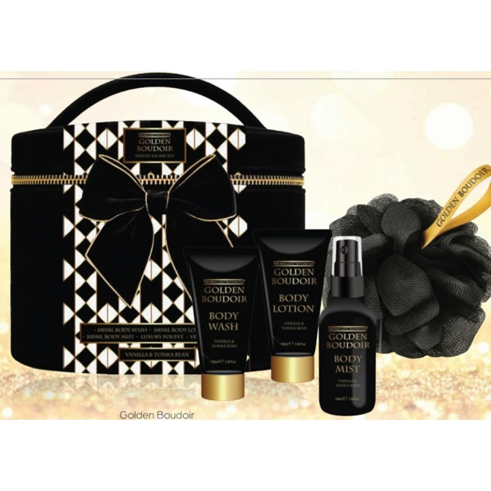 Golden Boudoir Velvet Escape – Conjunto de presente de luxo para cuidados corporais com fragrância de Baunilha e Fava tonka