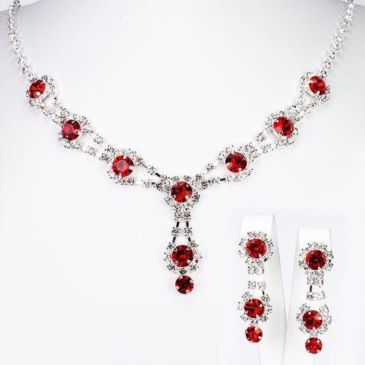 Conjunto de Liga de Ouro com Cristal Emporia® Vermelho e Cristal Emporia® Branco ( Colar+Brincos )