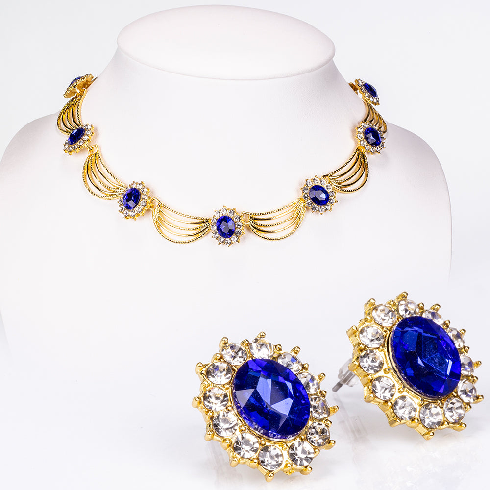 Conjunto de Liga de Ouro com Cristal Emporia® Azul e Cristal Emporia® Branco ( Colar+Brincos )