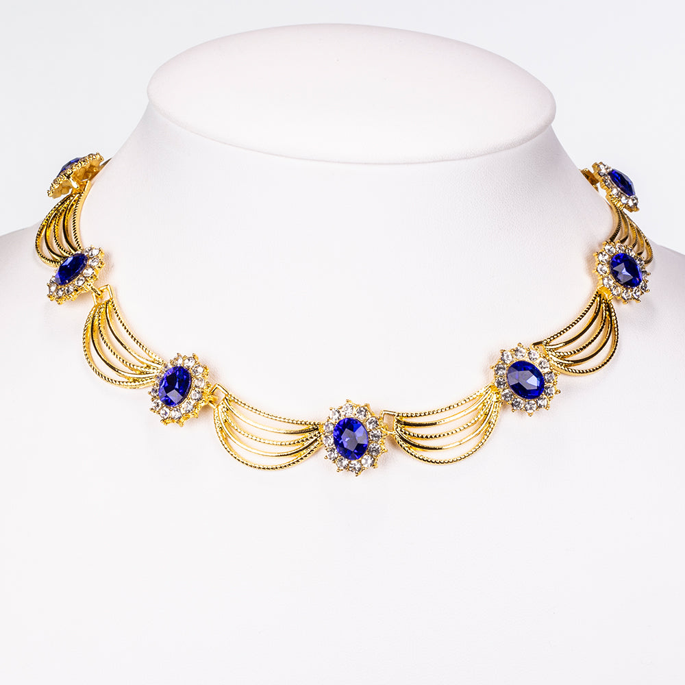 Conjunto de Liga de Ouro com Cristal Emporia® Azul e Cristal Emporia® Branco ( Colar+Brincos ) 6 