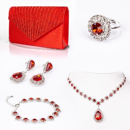 Mala de Liga de Ouro com Cristal Emporia® Vermelho e Cristal Emporia® Branco ( Colar+Brincos+Pulseira+Anel )