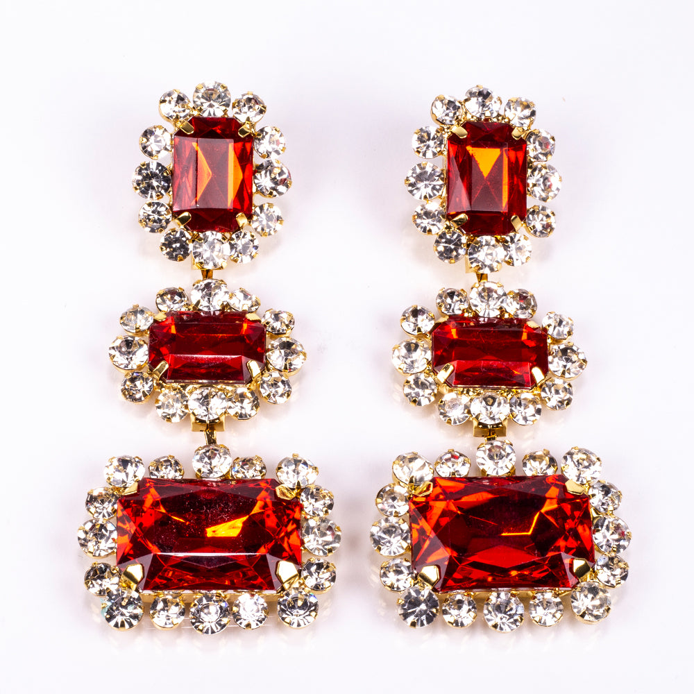 Conjunto de Liga de Ouro com Cristal Emporia® Vermelho e Cristal Emporia® Branco ( Colar+Brincos )