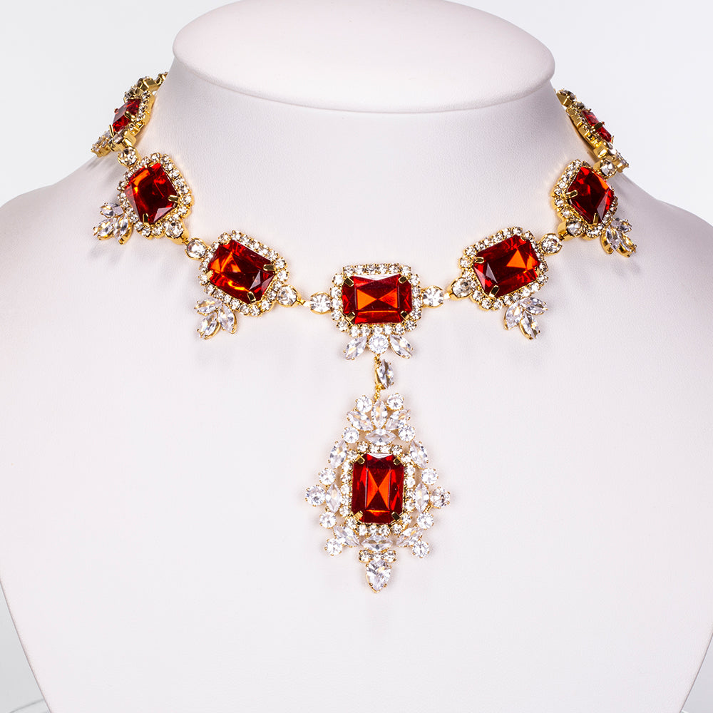 Conjunto de Liga de Ouro com Cristal Emporia® Vermelho e Cristal Emporia® Branco ( Colar+Brincos ) 6 