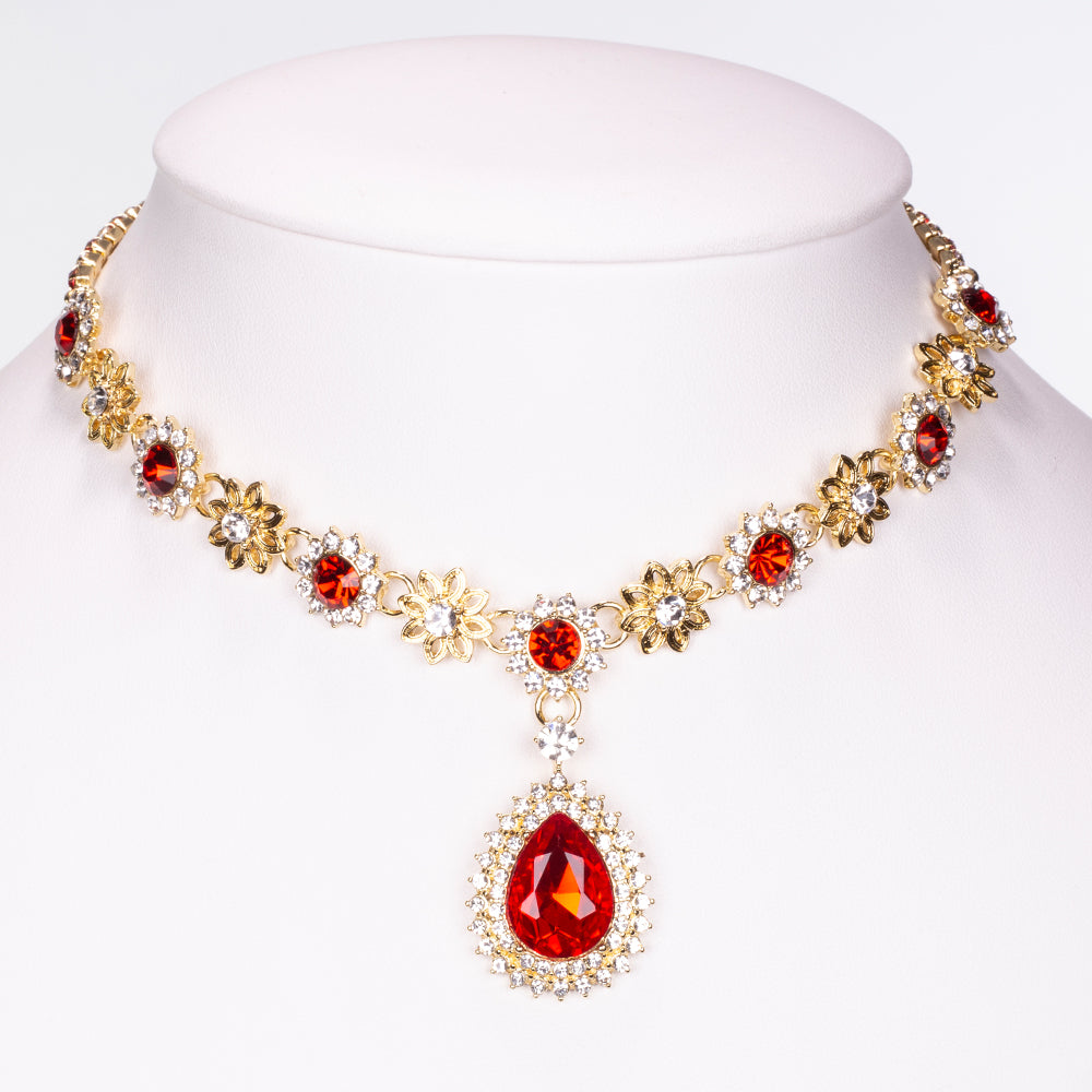 Conjunto de Liga de Ouro com Cristal Emporia® Vermelho e Cristal Emporia® Branco ( Colar+Brincos )
