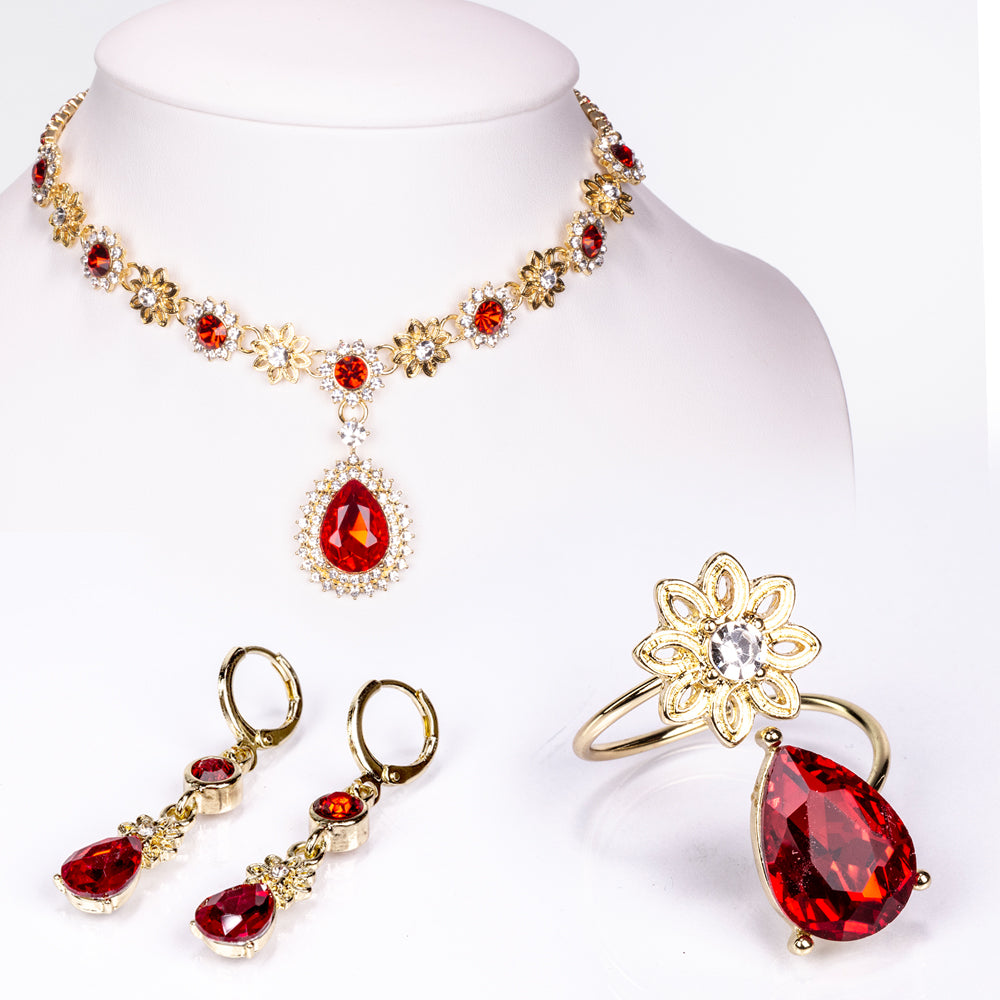 Conjunto de Liga de Ouro com Cristal Emporia® Vermelho e Cristal Emporia® Branco ( Colar+Brincos ) 1 