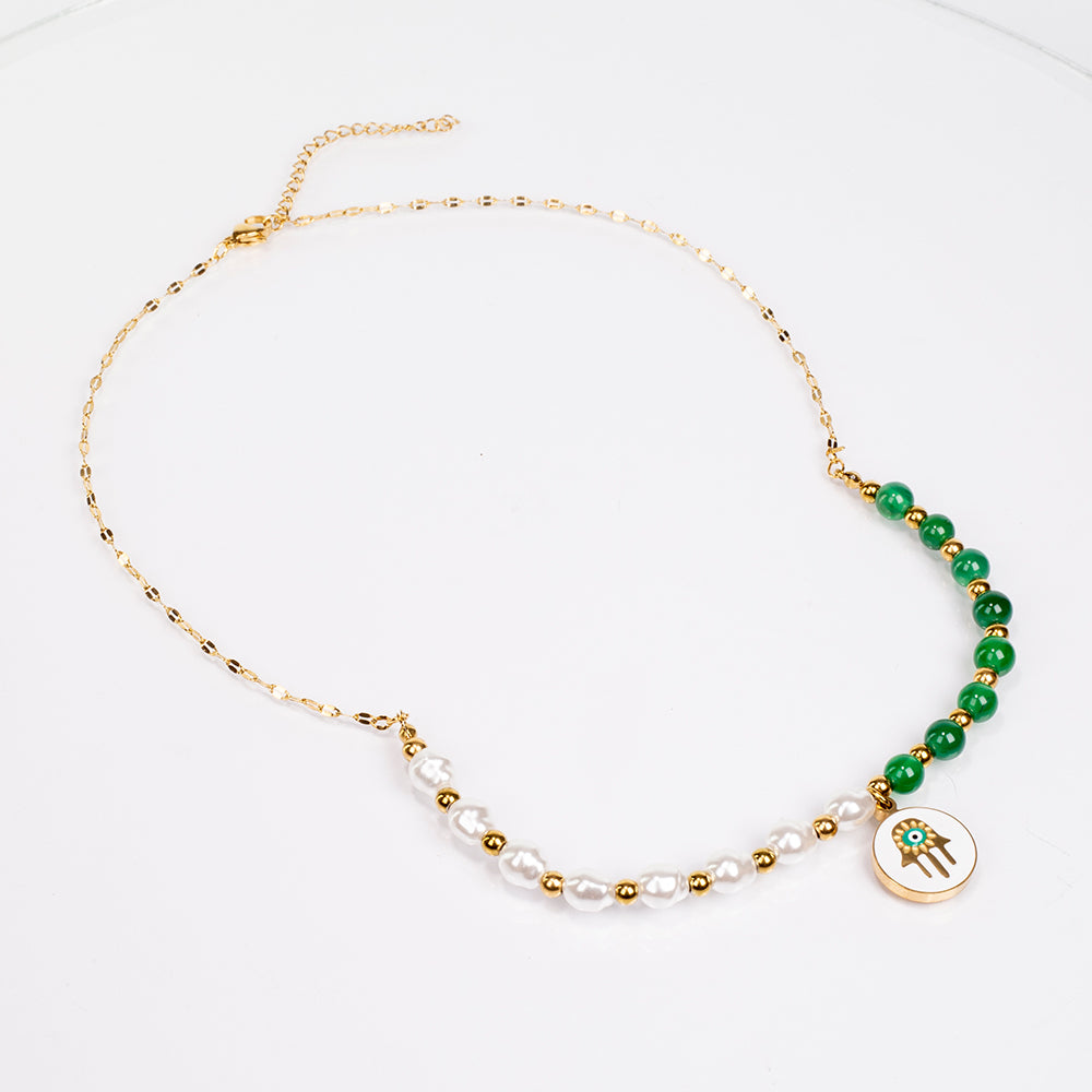 Conjunto de Liga de Ouro com Ágata Verde ( Colar+Brincos+Pulseira ) 2 