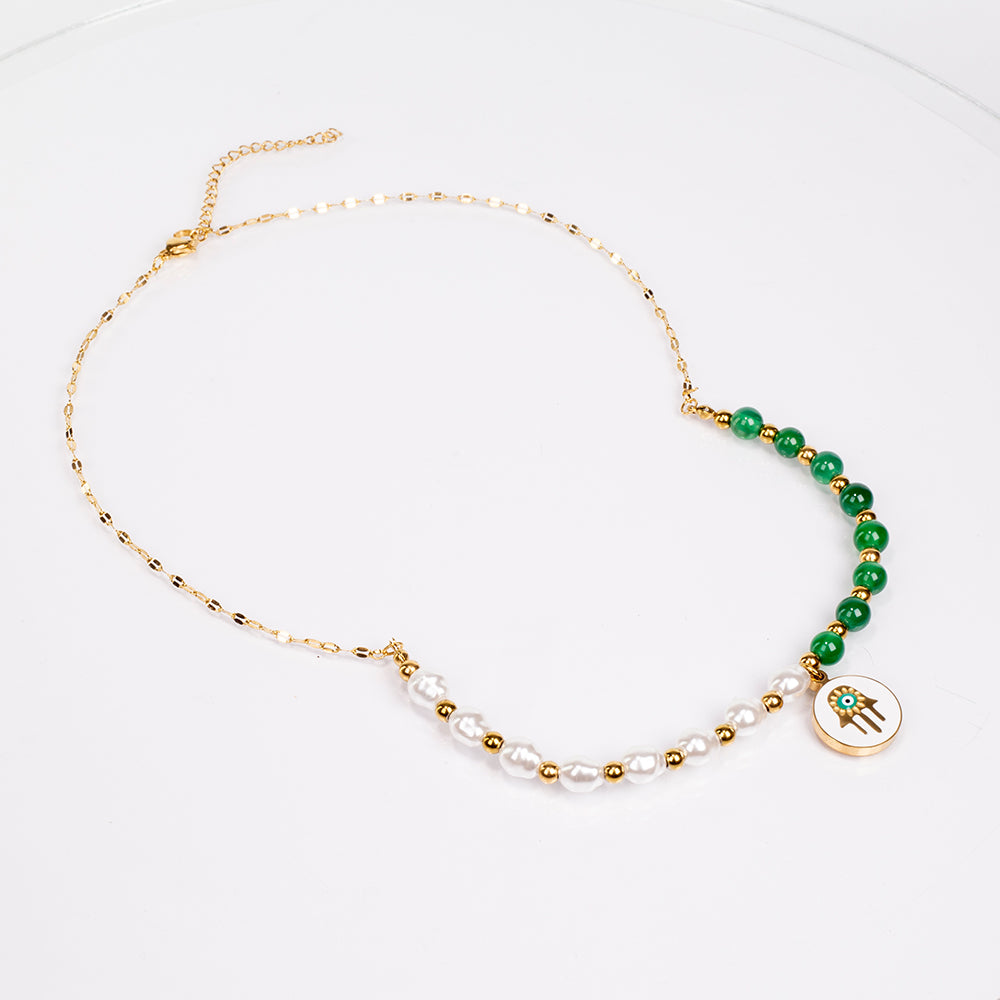 Conjunto de Liga de Ouro com Ágata Verde ( Colar+Brincos+Pulseira )