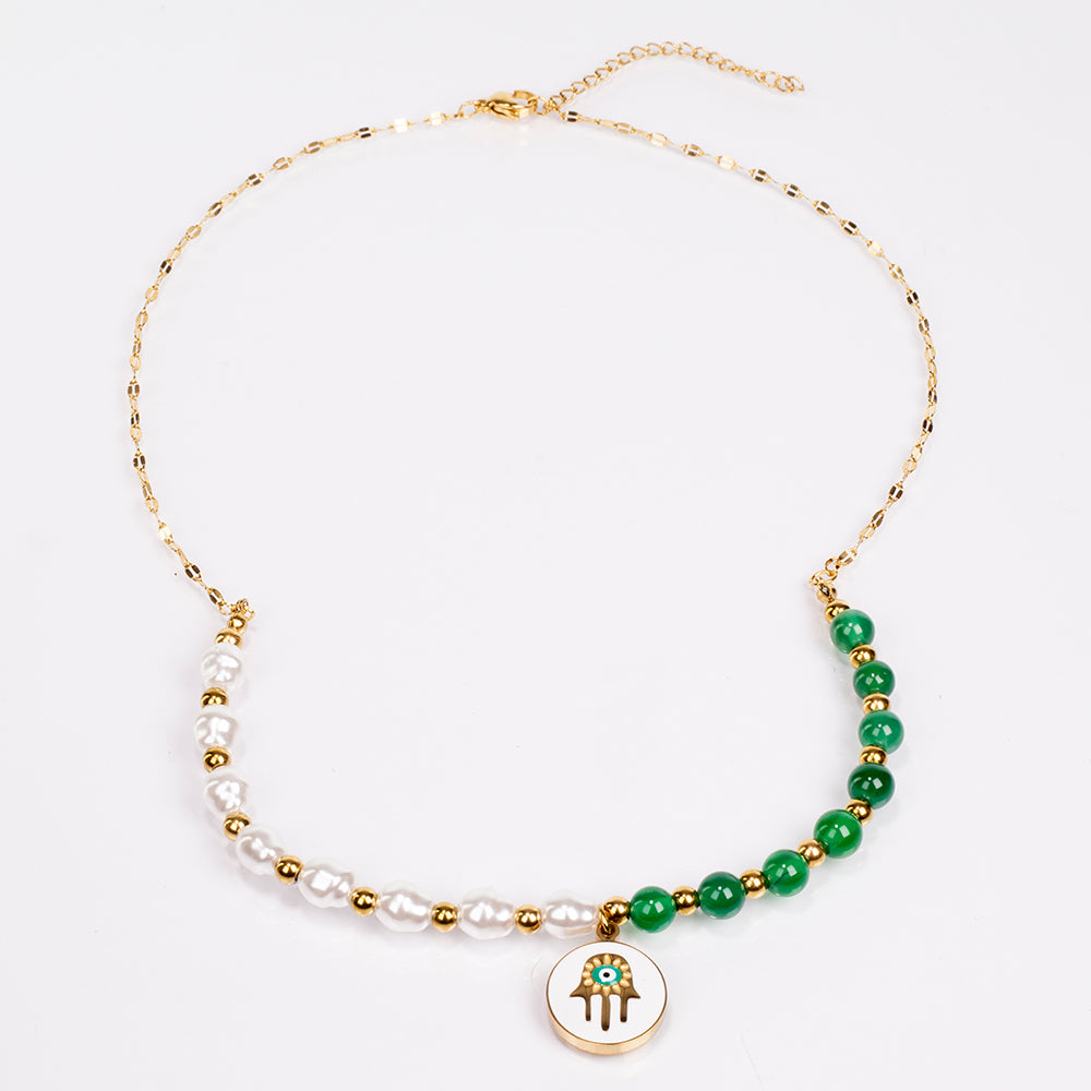 Conjunto de Liga de Ouro com Ágata Verde ( Colar+Brincos+Pulseira )