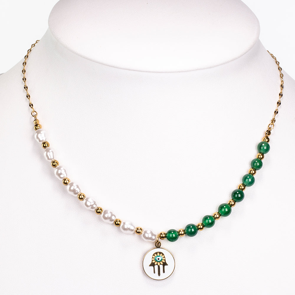 Conjunto de Liga de Ouro com Ágata Verde ( Colar+Brincos+Pulseira ) 5 