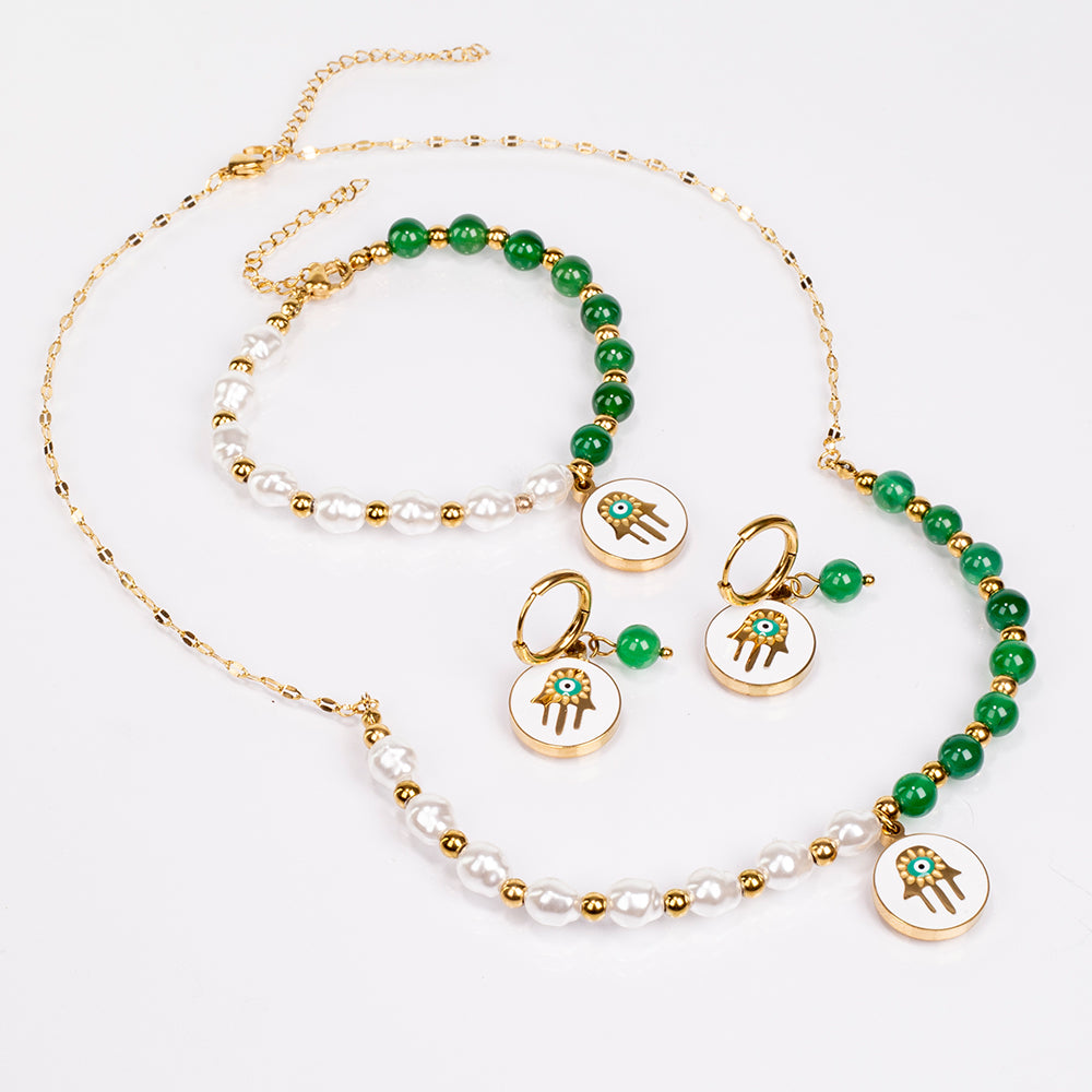 Conjunto de Liga de Ouro com Ágata Verde ( Colar+Brincos+Pulseira ) 1 
