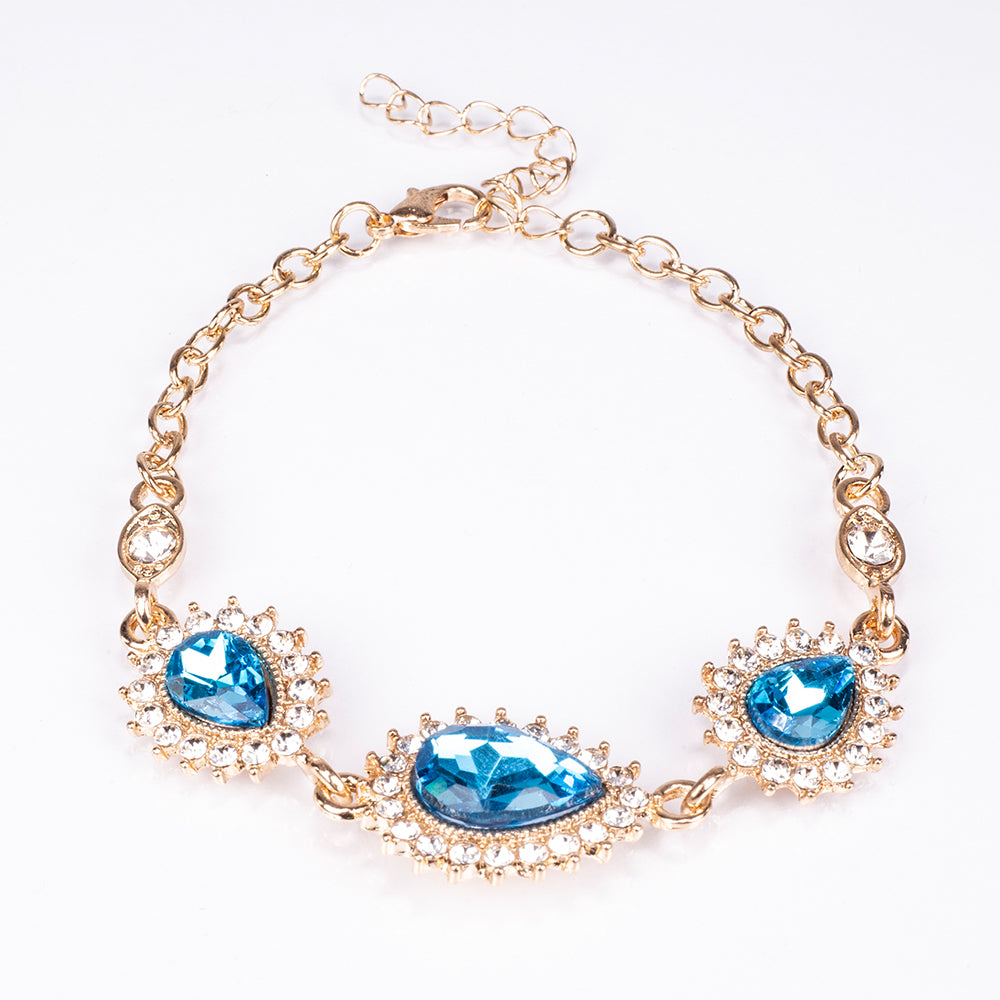 Conjunto de Liga de Ouro com Cristal Emporia® Azul e Cristal Emporia® Branco ( Colar+Brincos+Pulseira )