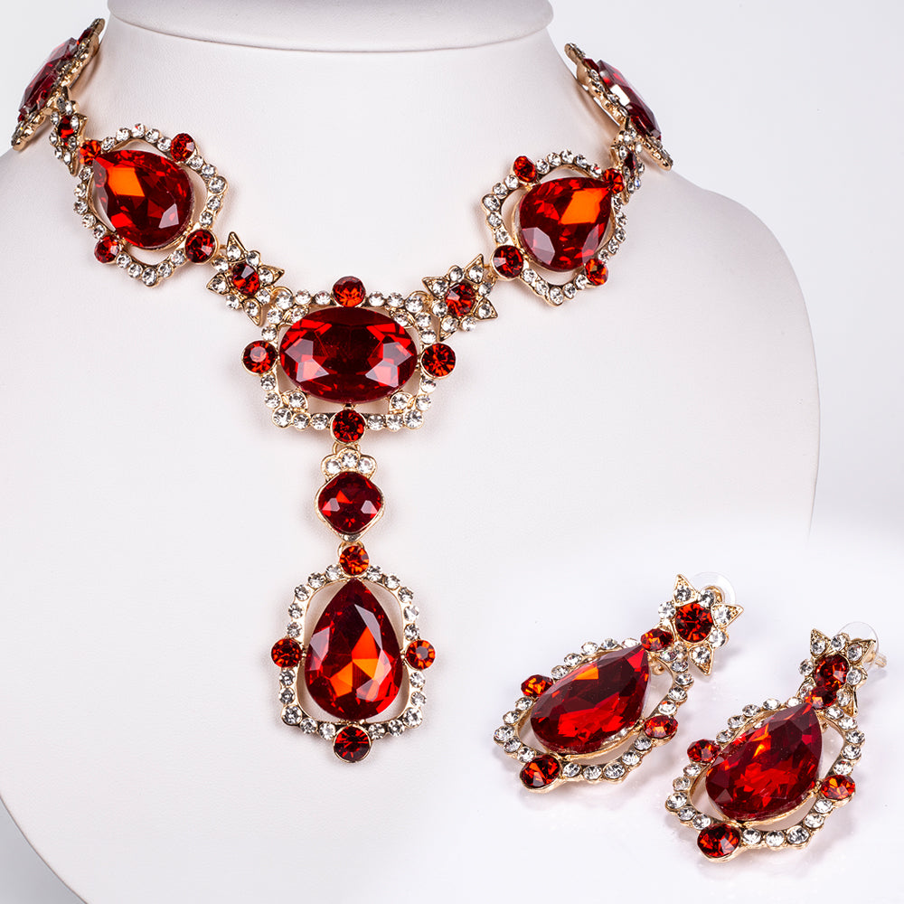 Conjunto de Liga de Ouro com Cristal Emporia® Vermelho e Cristal Emporia® Branco ( Colar+Brincos )