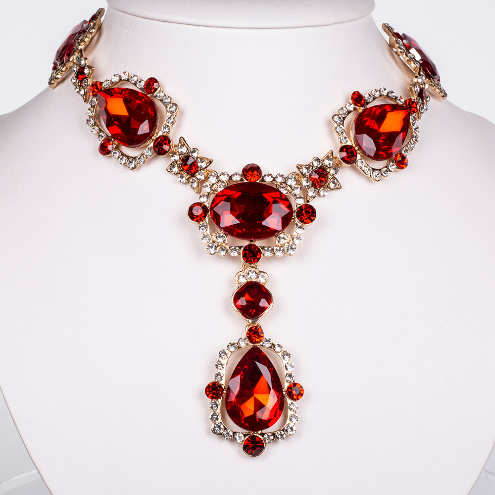 Conjunto de Liga de Ouro com Cristal Emporia® Vermelho e Cristal Emporia® Branco ( Colar+Brincos )