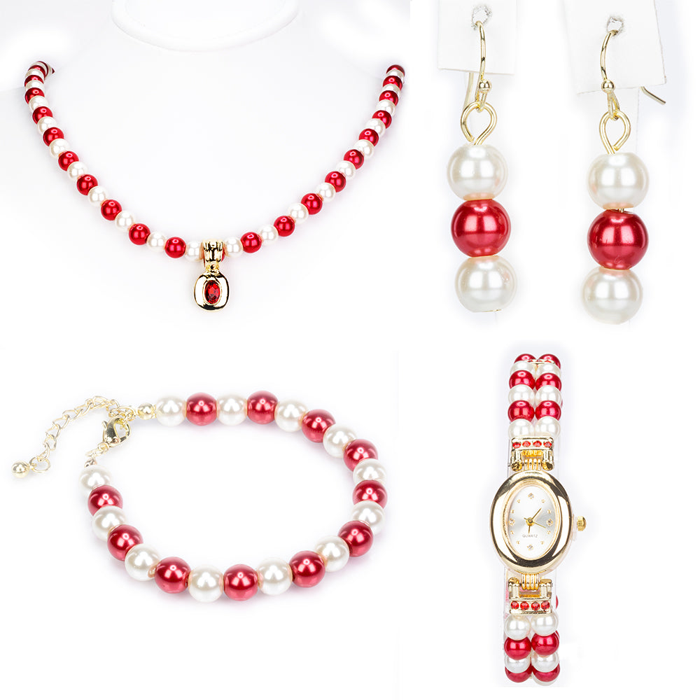 Conjunto de Liga de Ouro com Pérola de Vidro e Cristal Emporia® Vermelho ( Colar+Brincos+Pulseira ) 1 