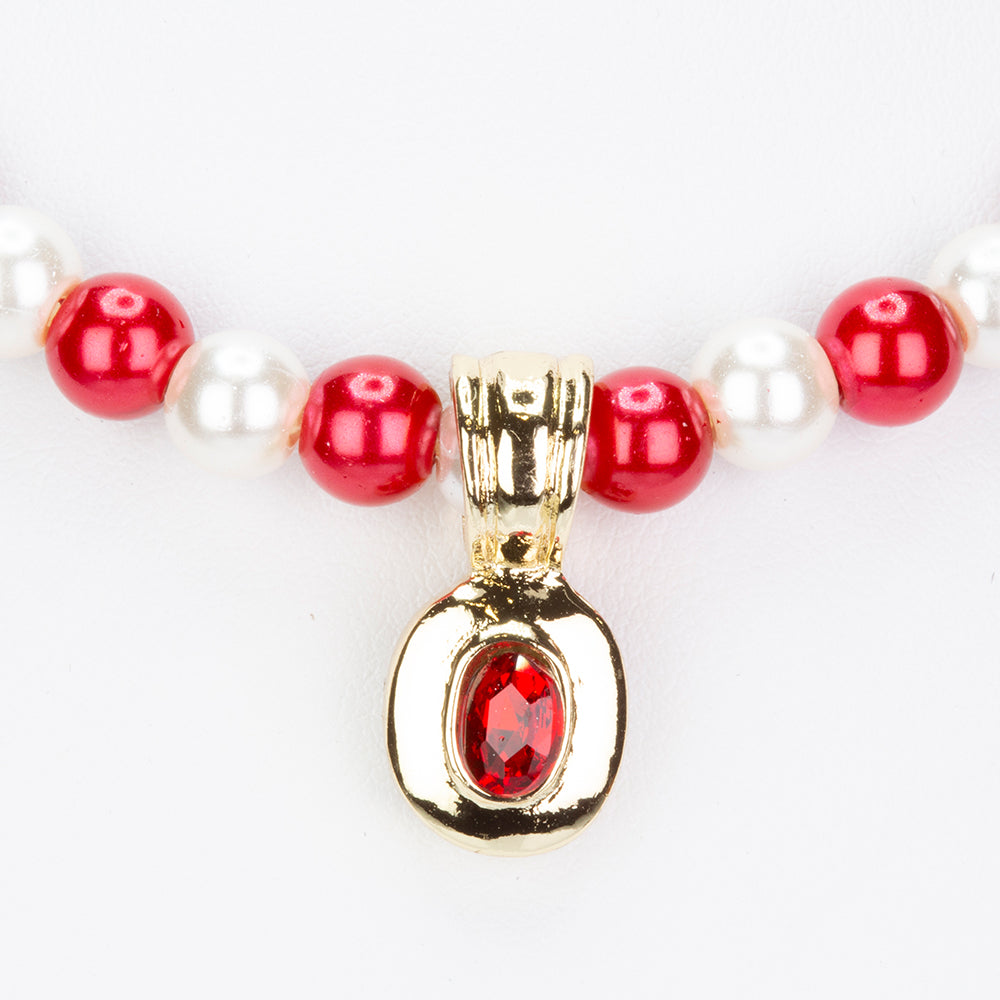 Conjunto de Liga de Ouro com Pérola de Vidro e Cristal Emporia® Vermelho ( Colar+Brincos+Pulseira )