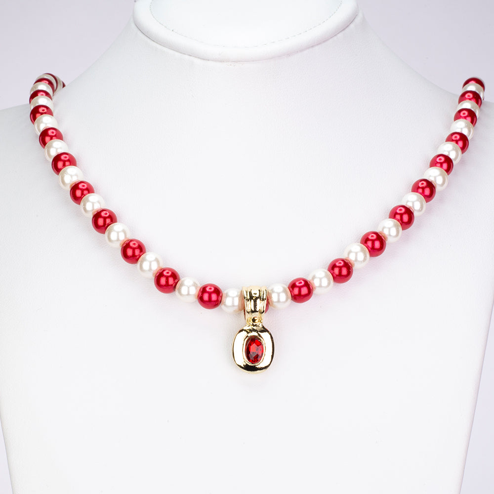 Conjunto de Liga de Ouro com Pérola de Vidro e Cristal Emporia® Vermelho ( Colar+Brincos+Pulseira ) 9 