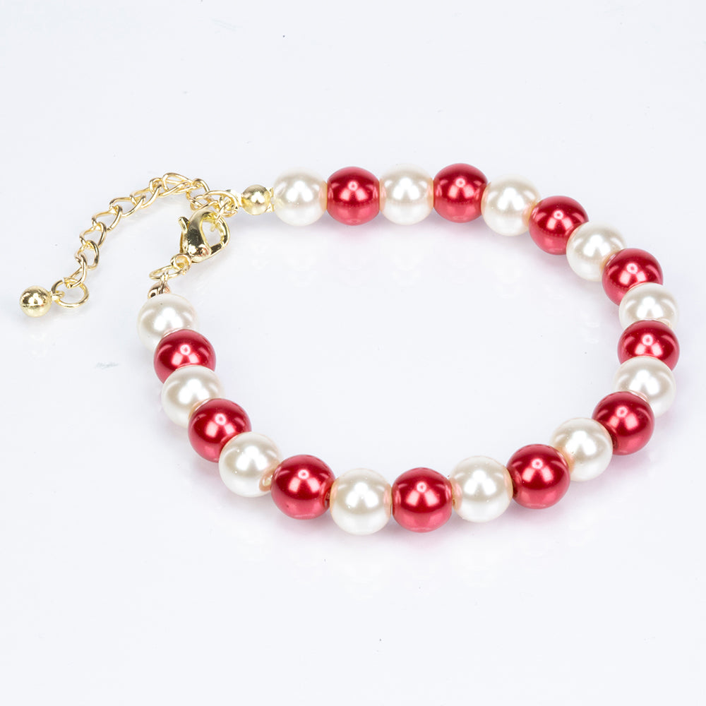 Conjunto de Liga de Ouro com Pérola de Vidro e Cristal Emporia® Vermelho ( Colar+Brincos+Pulseira ) 10 