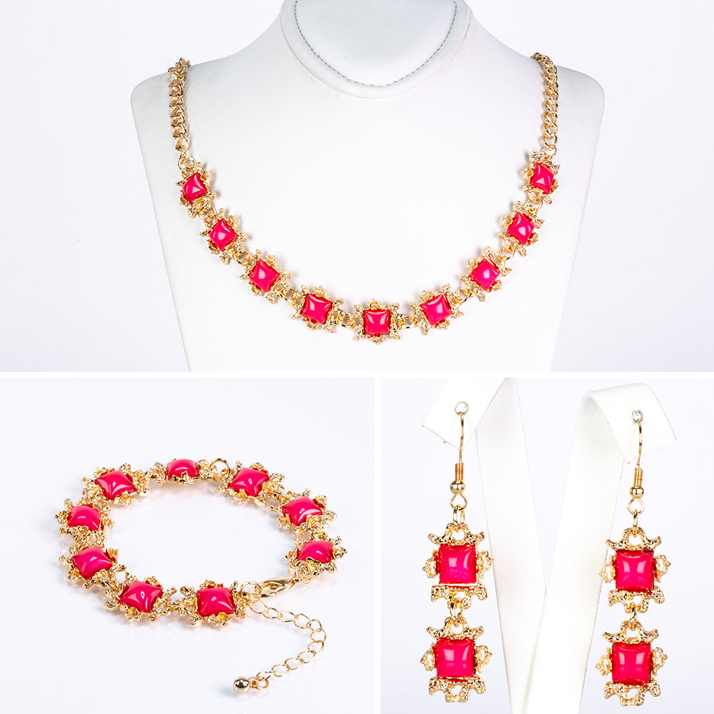 Conjunto de Liga de Ouro com Cristal Emporia® Vermelho e Cristal Emporia® Branco ( Colar+Brincos+Pulseira ) 1 