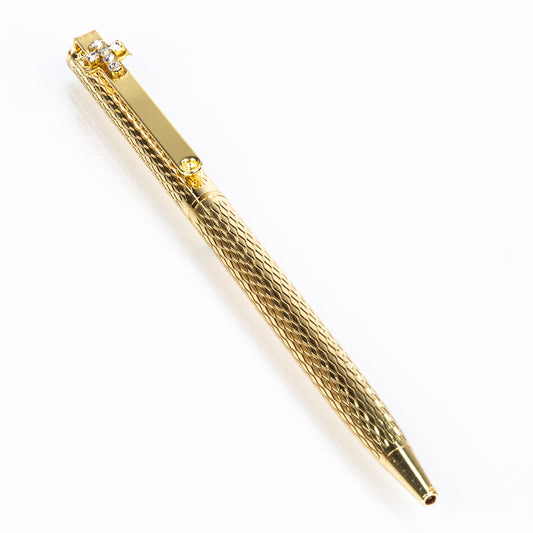 Caneta de ouro amarelo decorada com 6 peças de cristais Emporia brancos, com tinta preta