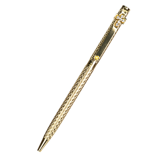 Caneta de ouro amarelo decorada com 6 peças de cristais Emporia brancos, com tinta preta