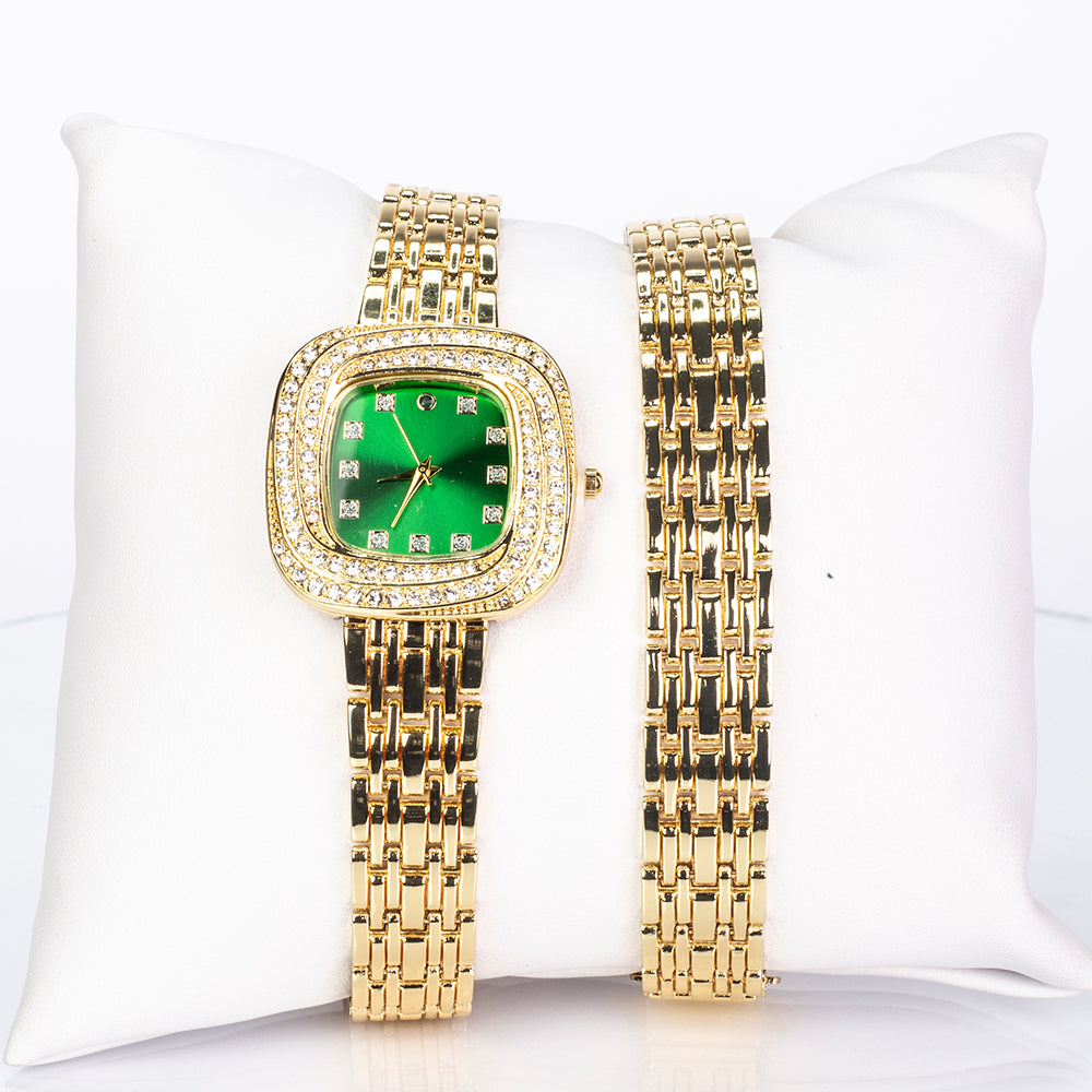 Relógio de Liga de Ouro com Esmeralda e Cristal Emporia® Branco ( Pulseira )