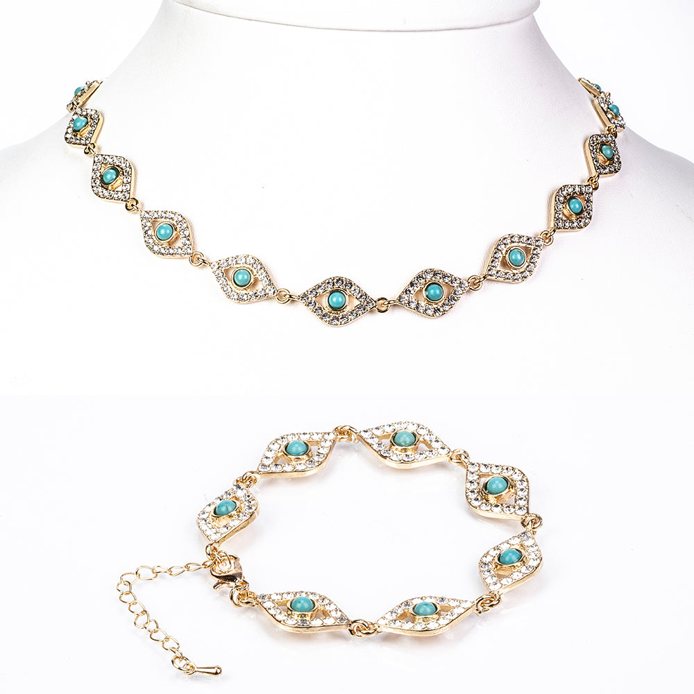 Conjunto de Liga de Ouro com Turquesa e Cristal Emporia® Branco ( Colar+Pulseira ) 1 