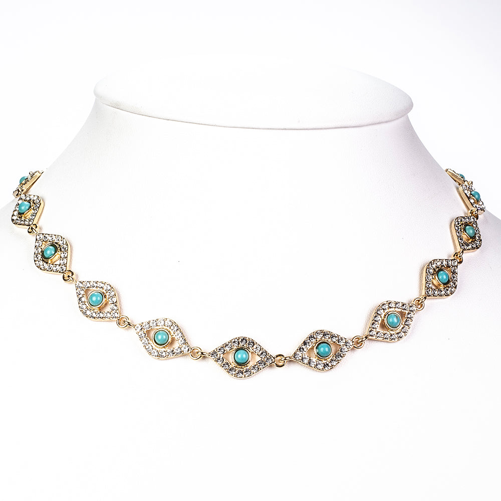 Conjunto de Liga de Ouro com Turquesa e Cristal Emporia® Branco ( Colar+Pulseira )