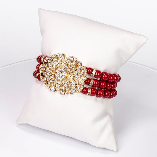 Conjunto de Liga de Ouro com Pérola de Vidro Vermelho e Cristal Emporia® Branco ( Colar+Pulseira )
