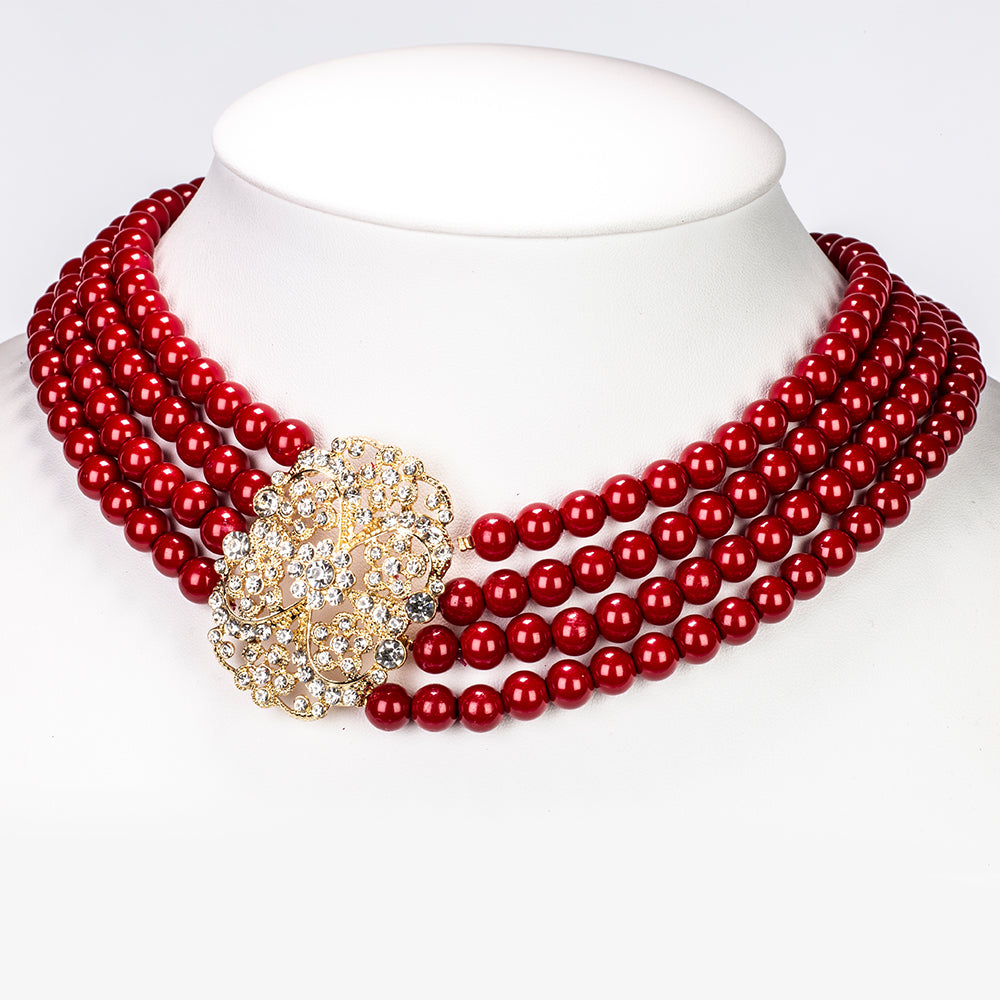 Conjunto de Liga de Ouro com Pérola de Vidro Vermelho e Cristal Emporia® Branco ( Colar+Pulseira ) 3 