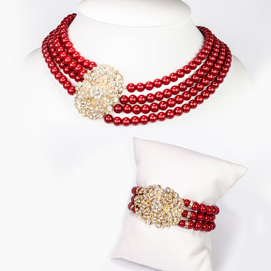 Conjunto de Liga de Ouro com Pérola de Vidro Vermelho e Cristal Emporia® Branco ( Colar+Pulseira )