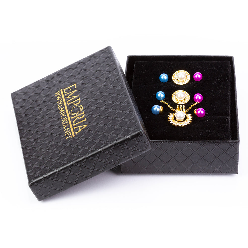 Conjunto de Liga de Ouro com Pérola de Água Doce Branca e Cristal Emporia® Branco ( Colar+Brincos+Pendente )